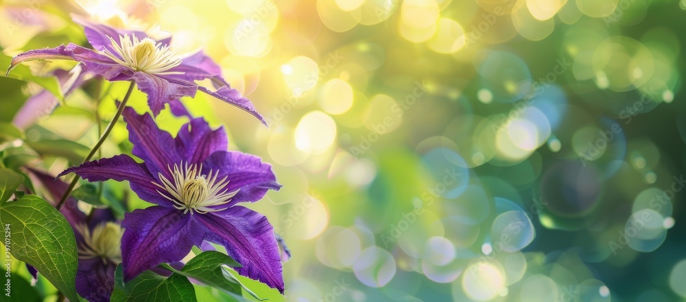 Poster a purple clematis in full bloom, with sunlight filtering through the leaves and creating a bokeh eff