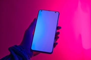 Neon Smartphone Screen in Hand on Plain Background Generative AI