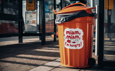 Public trash can, next to a bus stop with a request for recycling sticker 