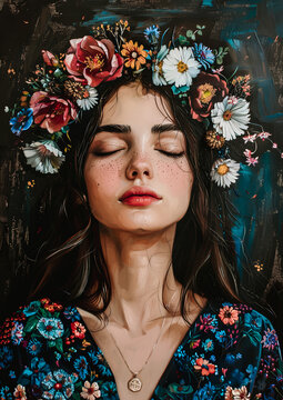 Portrait de jeune femme avec une couronne de fleurs