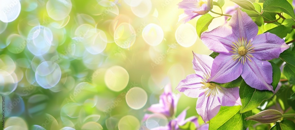 Poster a purple clematis in full bloom, with sunlight filtering through the leaves and creating a bokeh eff