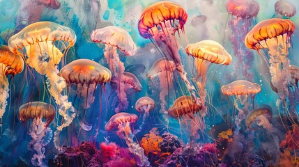 Fototapeta na wymiar Floating through the water, glowing gracefully, jellyfish perform a mesmerizing underwater ballet.