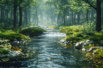 Obraz premium A forest teeming with life, preserved and protected thanks to the reduced reliance on fossil fuels. Concept of environmental conservation through renewable energy. Generative Ai.