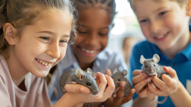 A group of enthusiastic school children looking at and holding grey baby mice in a school lab setting. It is a close-up photo on a bright sunny day. 