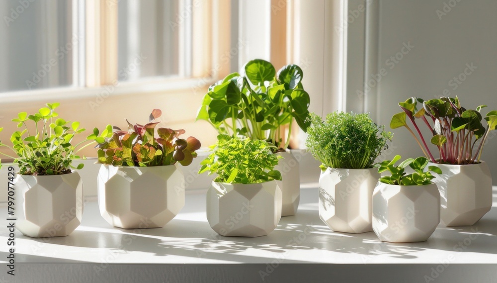 Poster houseplants in flowerpots rest on rectangular table by window