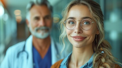image showcasing a senior male doctor and female patient in earnest conversation, hospital corridor as the backdrop - obrazy, fototapety, plakaty