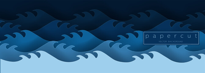 Paper cut deep blue water wave on dark blue  background. Cutout minimalistic luxury layered ocean waves . 3D frame icon for posters and flyers, presentation, web, social media, design and banner.