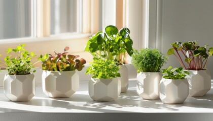 Houseplants in flowerpots rest on rectangular table by window