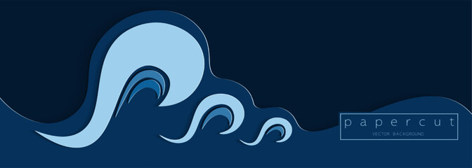 Paper cut deep blue water wave on dark blue  background. Cutout minimalistic luxury layered ocean waves . 3D frame icon for posters and flyers, presentation, web, social media, design and banner.