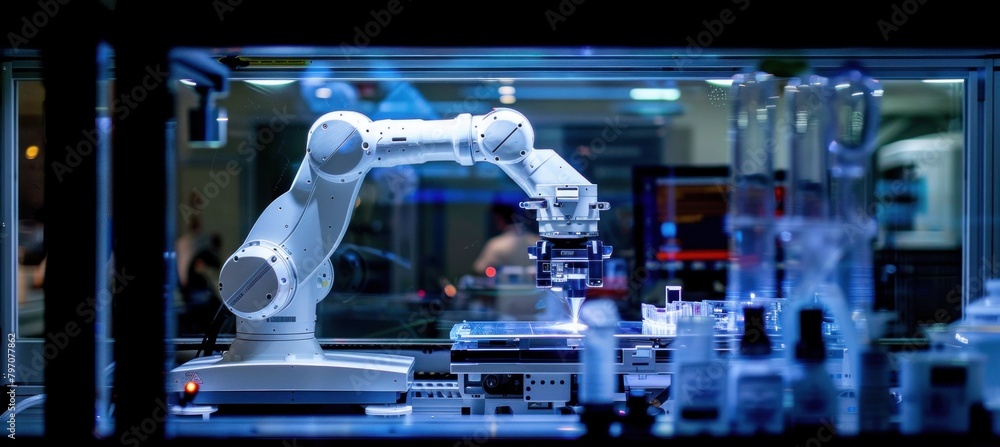 Poster robotic arm on display in glass case at laboratory event