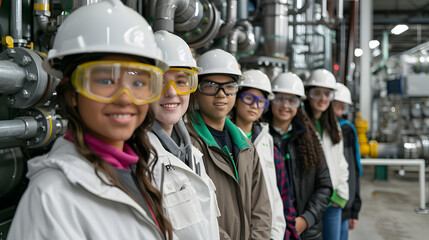 A group of high school students wearing white safety helmets and goggles stand in front of an industrial gas system. with the theme colors 