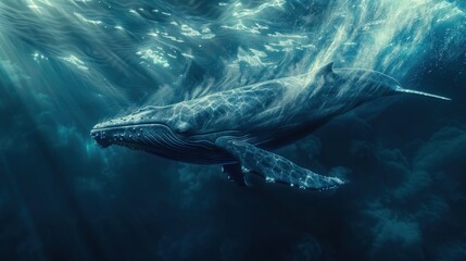 Fototapeta premium A humpback whale gracefully glides through the electric blue water