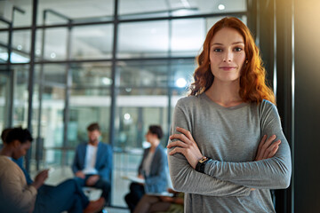 Crossed arms, office and portrait of business woman with team for meeting, planning and startup...