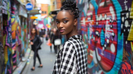 Urban Chic: Confident Model in Gingham Outfit with Graffiti Art