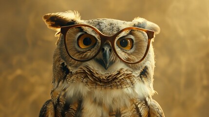 Closeup of a screech owl with glasses perched on a branch
