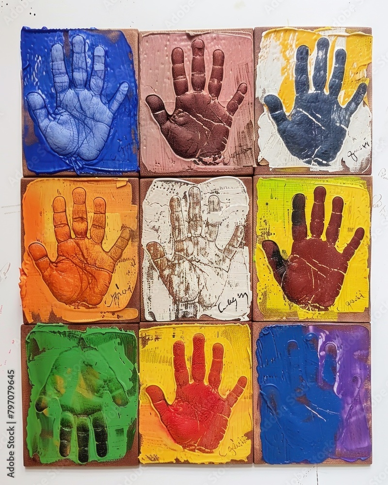 Poster various colored handprints create a vibrant pattern on the tiles