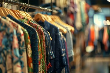 Obraz premium Clothes hanging on a rack in a boutique store. Concept Boutique Store, Fashion Display, Trendy Clothing, Retail Interior, Shopping Experience