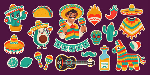 Cinco de Mayo sticker set, May 5, federal holiday in Mexico. Fiesta banner and poster design with flags, decorations