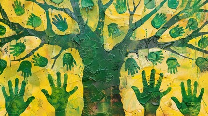 a painting of a tree with green hands painted on it