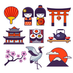 set of color japanese vector icons. Japan style symbols
