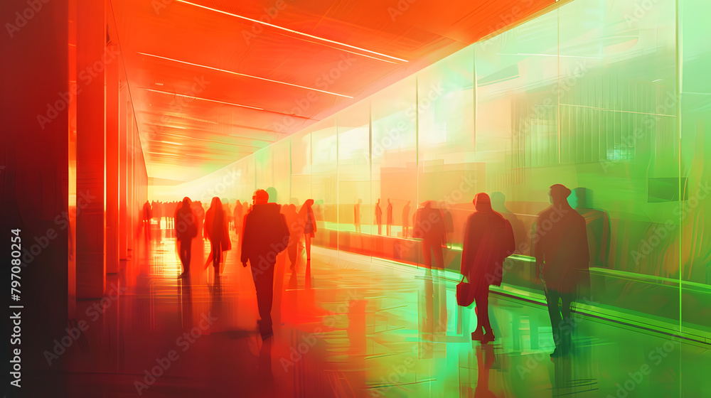 Poster a hazy image of university students strolling in the corridor of their expansive. contemporary red a