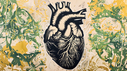 A heart with black and white veins. surrounded by green and yellow patterns representing the venous system.  - obrazy, fototapety, plakaty
