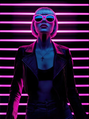 Woman in sunglasses with neon pink light background. Futuristic portrait with blonde hair and retro vibe