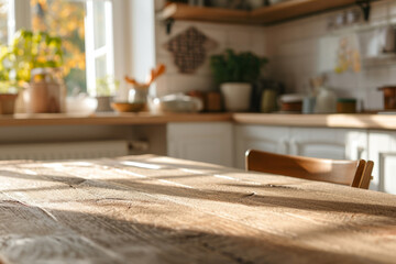 Grunge natural wooden table top with copy space for product advertising over blurred kitchen interior background at home