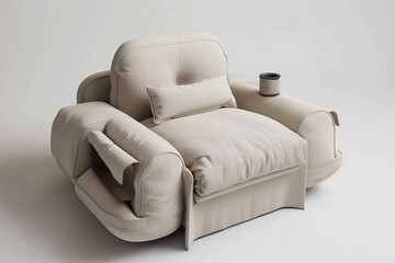 An armchair featuring a built-in cup holder and storage compartments, standing alone on a solid white background.