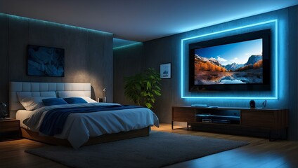Modern smart home design with monitor screen and blue neon lights. Generative AI