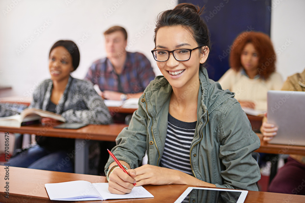 Poster classroom, student and portrait with smile in university for answer, information and education. coll