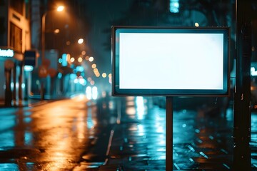 Nighttime urban street with blank billboard ideal for marketing displays. Concept Urban Marketing, Nighttime Advertising, Blank Billboard, Cityscape, Commercial Photography