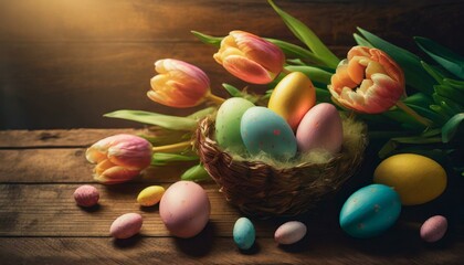 easter holiday background with easter eggs and tulip flowers on wooden table