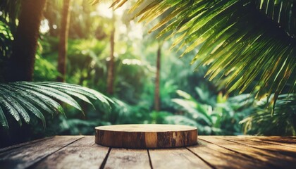 wood tabletop counter podium floor in outdoors tropical garden forest blurred green palm leaf plant nature background natural product placement pedestal stand display summer jungle paradise concept