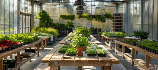 A plantfilled greenhouse with potted plants and a wooden table