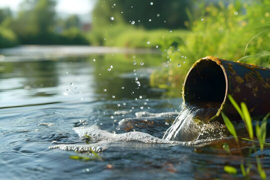 Directly releasing waste into water from a pipe causes environmental pollution. Concept Water Pollution, Environmental Impact, Industrial Discharge, Direct Drainage, Pollution Prevention