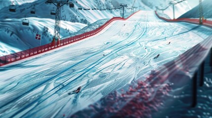A panoramic view of an Olympic ski race, showcasing the speed and skill of the athletes.