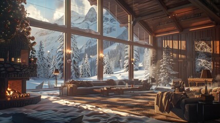 A panoramic view of an Olympic ski lodge interior, showcasing the warmth and camaraderie of the sport.