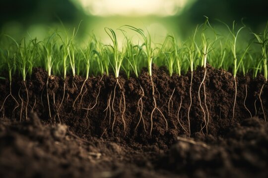 Grass roots and soil outdoors plant field.