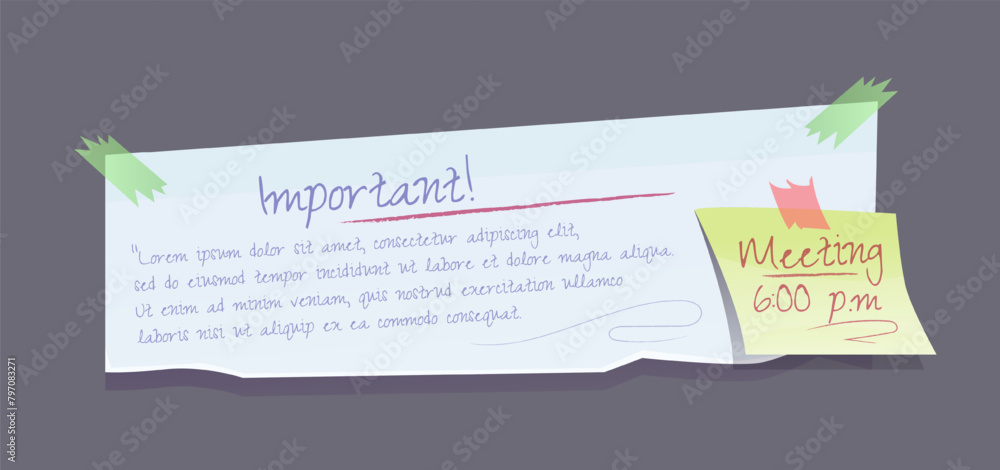 Poster paper note. torn notepad sheet with important reminder. sticker with memo messages about business me