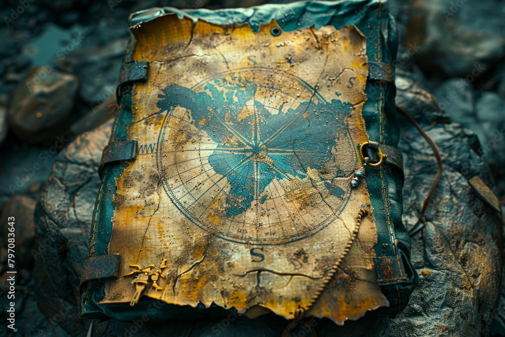 Poster a wanderer's map marked with destinations unknown, where dreams guide the journey into the unknown. 