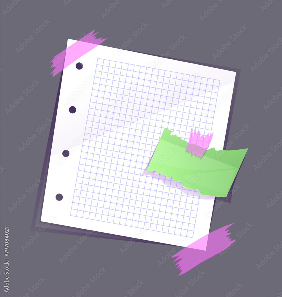 Poster paper note. blank checkered sheet of notepad with adhesive tape and sticker. template for memo messa