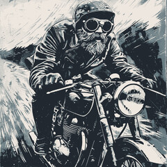 An old-fashioned bearded biker rushes along on a retro motorcycle, vector illustration