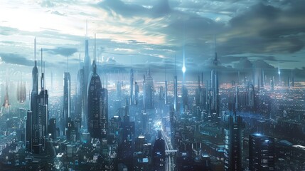 High-Tech City with Illuminated Towers, Nighttime Urban Panorama