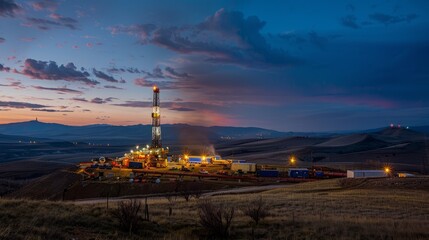 Illuminated Oil Rig During Twilight in Rural Setting