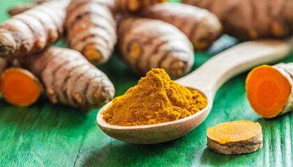 aromatic turmeric powder pills and raw roots on green