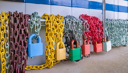 industrial chains and locks of different colors attached to a wall