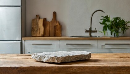stone stand on table in kitchen interior for product display