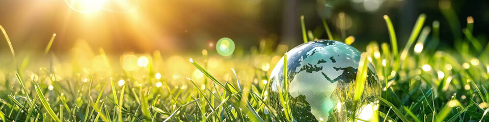 Fototapeta premium glass word on the green ground with sun rays 