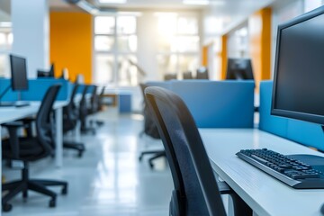 Modern office with rows of desks in a bright organized workspace. Concept Modern Office Design, Organized Workspace, Rows of Desks, Bright Interior, Contemporary Furniture,
